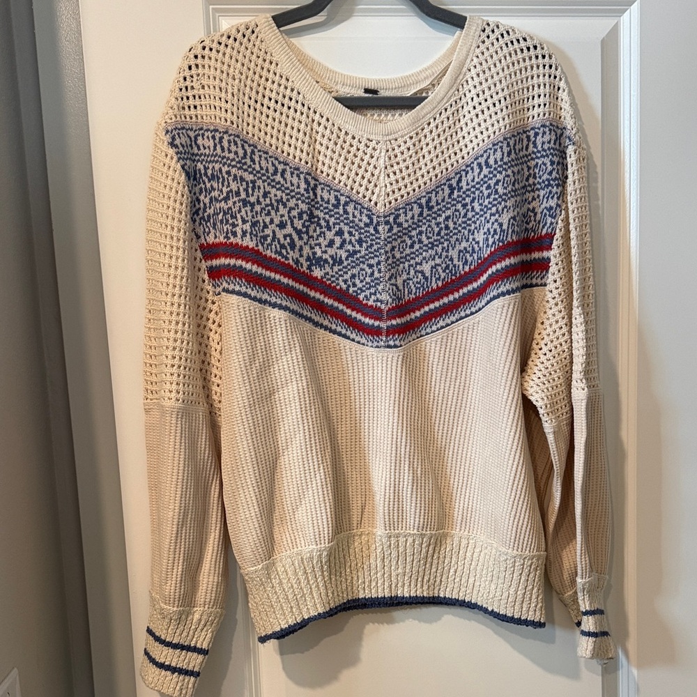 Free People Cream Sweater with Blue and Red Patterns